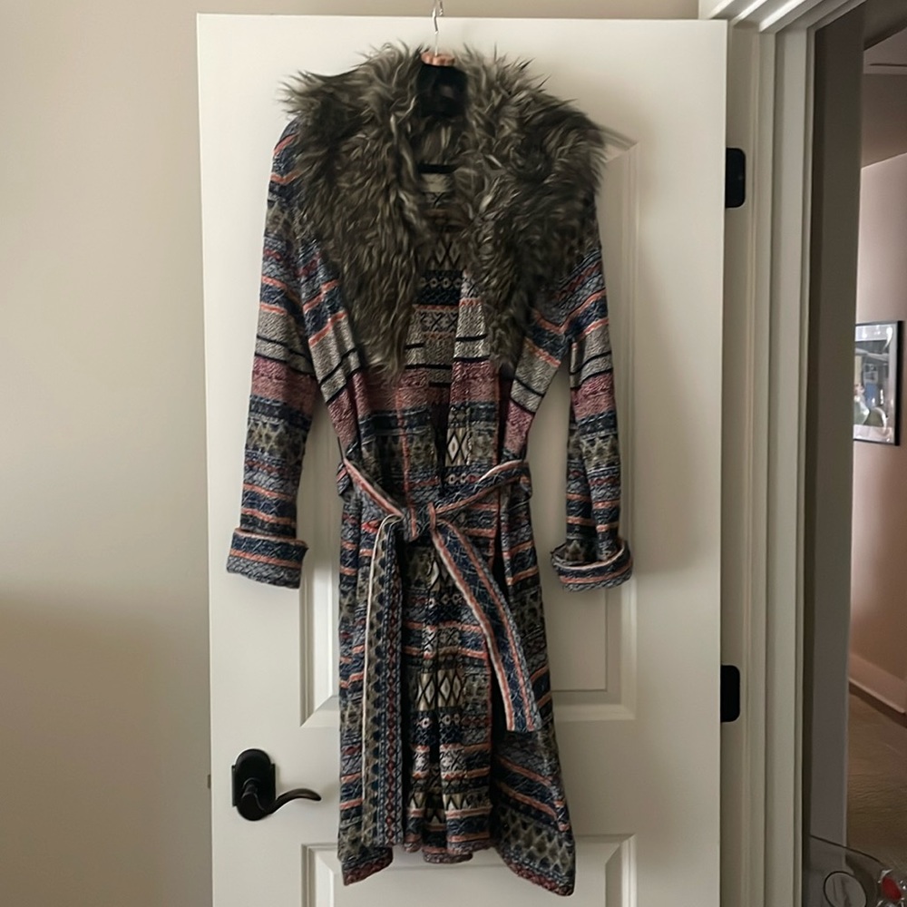 Anthro Angel of the North sweater coat with faux fur collar